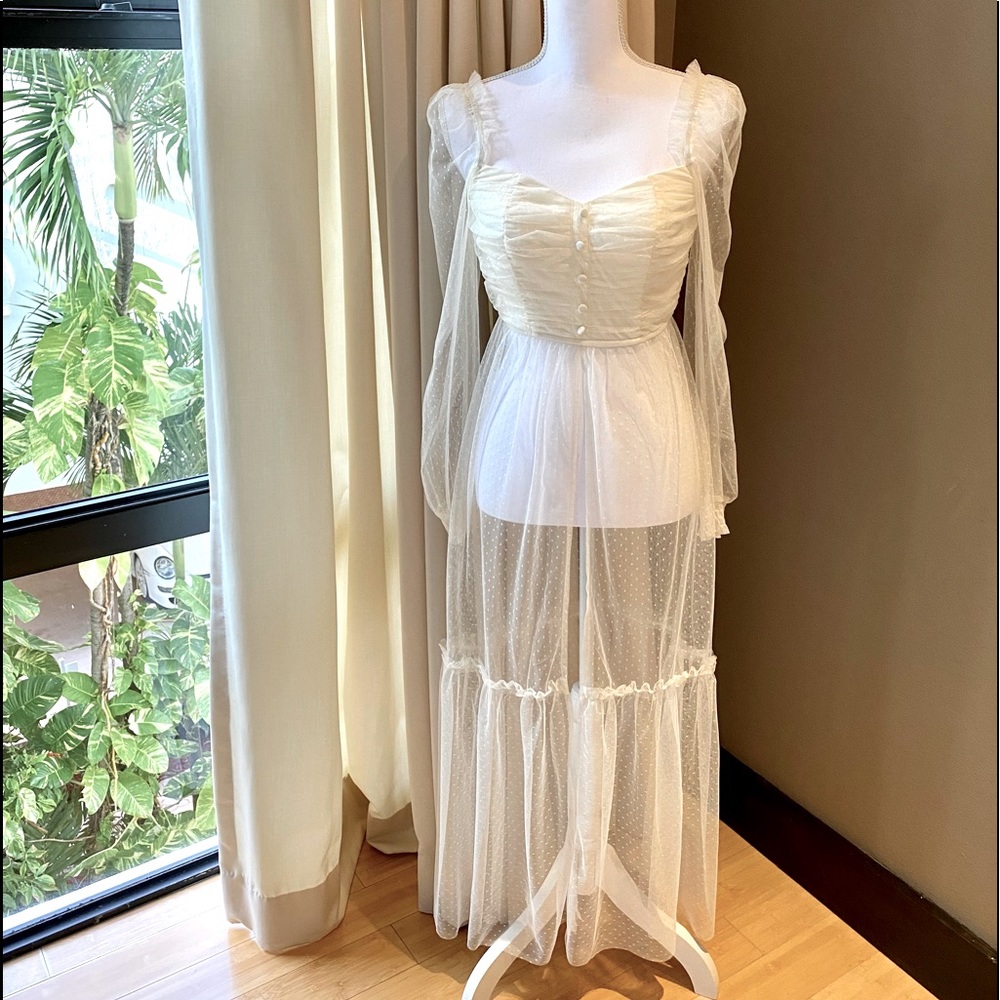 Sheer Cream Long Tulle Top, NWT